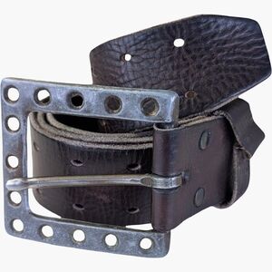 Distressed Brown Leather Belt Perforated Wide Strap Industrial Buckle | Size M